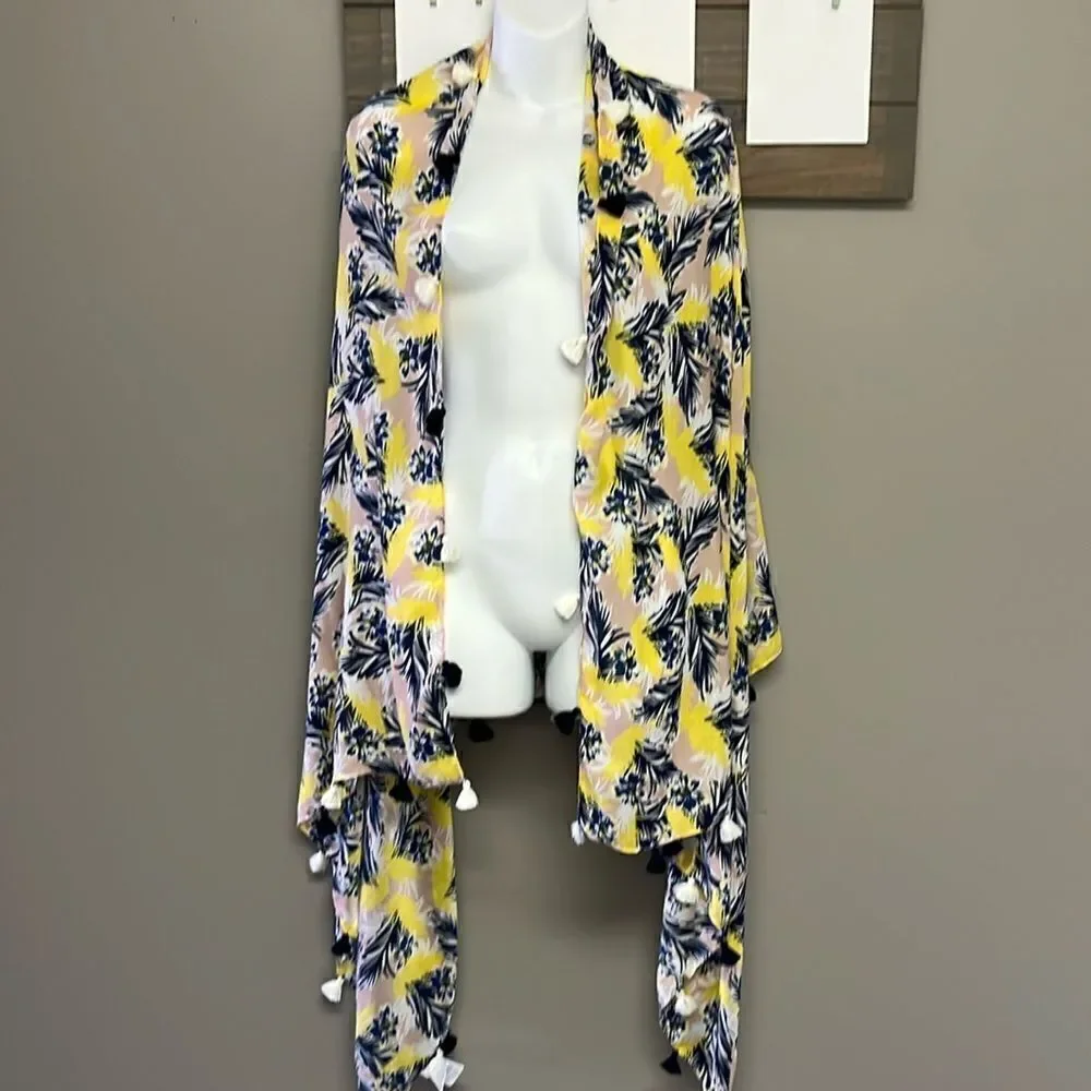 J. By J. Crew Tropical Yellow Blush Cream and Navy Wrap or Scarf with Tassels-OS